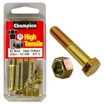 Champion Pack of 3 3/8" x 2-1/2" UNF High Tensile Grade 5, Zinc Plated Hex Bolts and Nuts - BF42