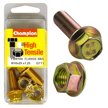 Champion Pack of 3 M10 x 25 x 1.25mm, 14AF High Tensile Grade 8.8, Zinc Plated Hex Flange Bolts - FBM104