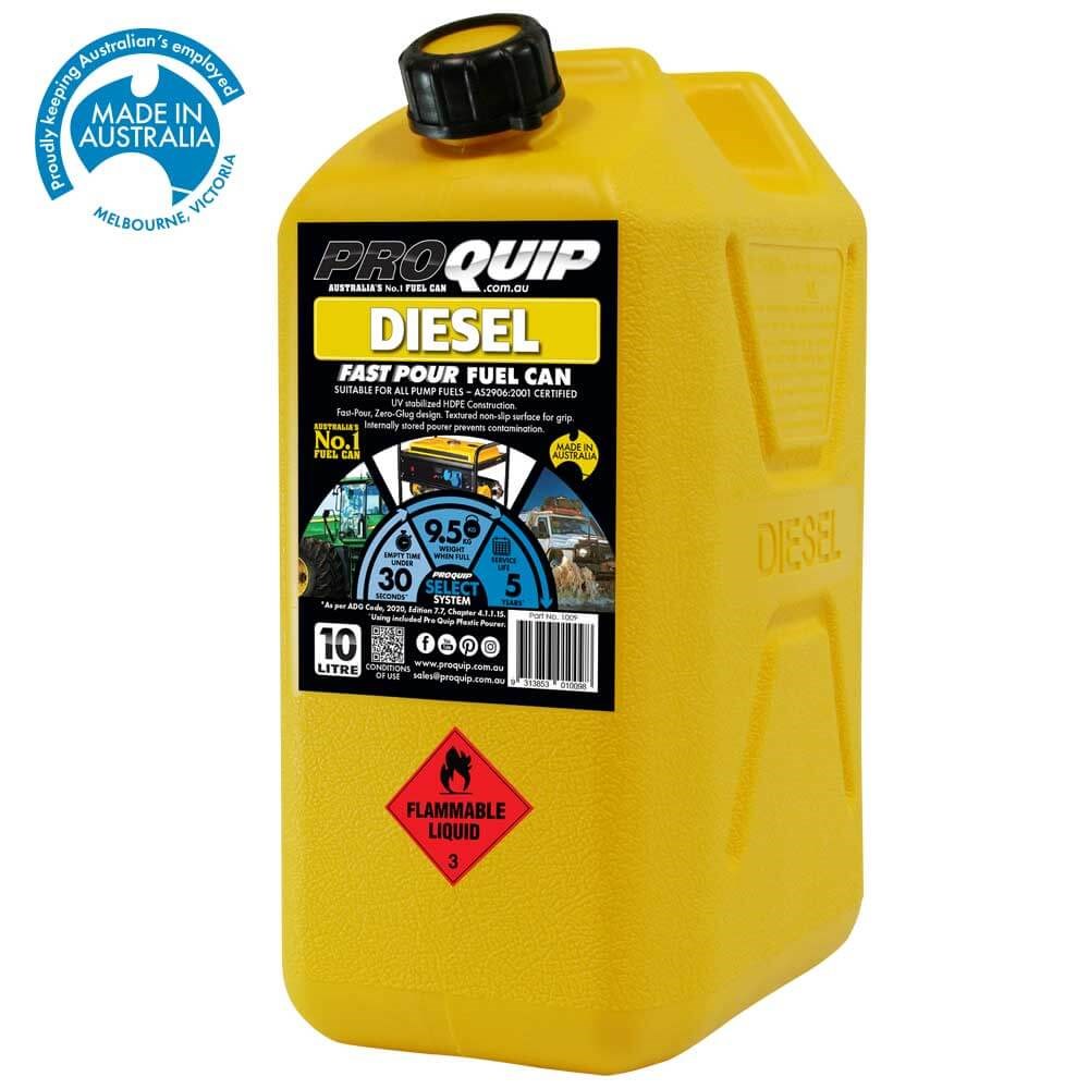 Pro Quip 10L Plastic Fast Pour Fuel Jerry Can - Diesel Yellow - 1009 (Bulky Item - Freight Applies)