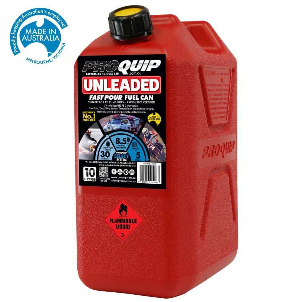 Pro Quip 10L Plastic Fast Pour Fuel Jerry Can - Unleaded Petrol Red - 1008 (Bulky Item - Freight Applies)