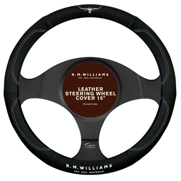 RM Williams Leather Steering Wheel Cover Black / White - SWRMWBLK - SWRMW-BLK