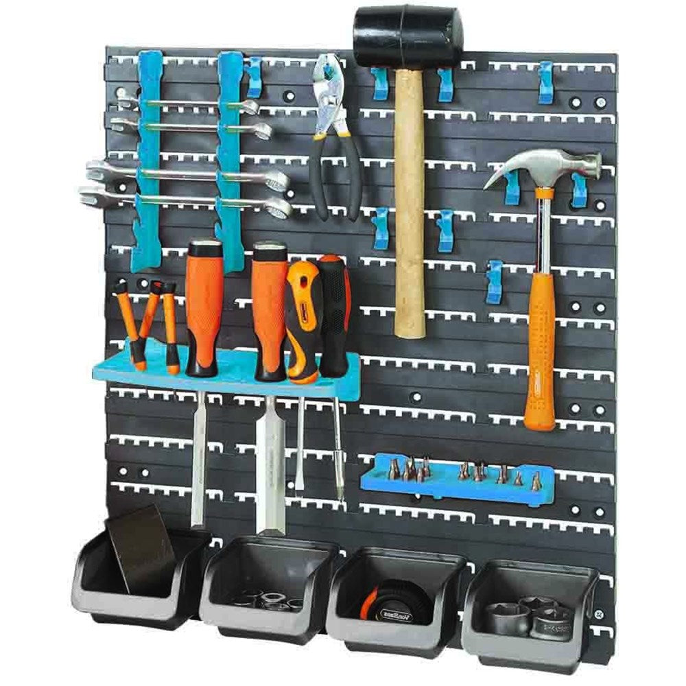 PK Tools Tool Rack Set 18 Piece Wall Mounted With Mounting Boards 4 Parts Boxes 12 Tool Hooks PT80932