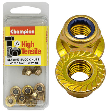 Champion Pack of 10 M5 x 0.8mm High Tensile Grade 8.8, Zinc Plated Self Locking Flange Hex Nuts with Nylon Insert - SLFM157