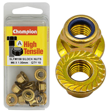 Champion Pack of 10 M6 x 1.00mm High Tensile Grade 8.8, Zinc Plated Self Locking Flange Hex Nuts with Nylon Insert - SLFM158