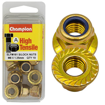 Champion Pack of 10 M8 x 1.25mm High Tensile Grade 8.8, Zinc Plated Self Locking Flange Hex Nuts with Nylon Insert - SLFM161