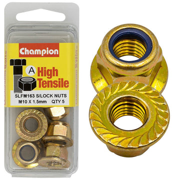 Champion Pack of 5 M10 x 1.50mm High Tensile Grade 8.8, Zinc Plated Self Locking Flange Hex Nuts with Nylon Insert - SLFM163