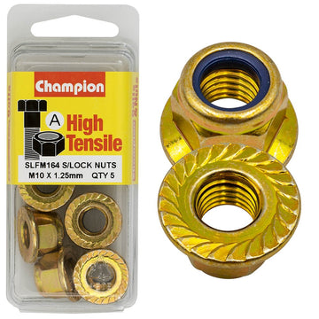 Champion Pack of 5 M10 x 1.25mm High Tensile Grade 8.8, Zinc Plated Self Locking Flange Hex Nuts with Nylon Insert - SLFM164