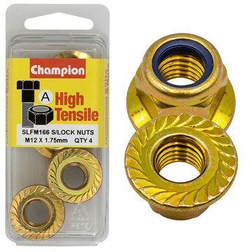 Champion Pack of 4 M12 x 1.75mm High Tensile Grade 8.8, Zinc Plated Self Locking Flange Hex Nuts with Nylon Insert - SLFM166