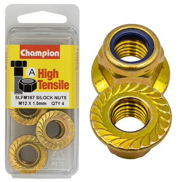 Champion Pack of 4 M12 x 1.50mm High Tensile Grade 8.8, Zinc Plated Self Locking Flange Hex Nuts with Nylon Insert - SLFM167