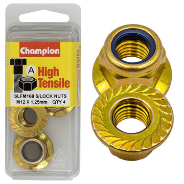 Champion Pack of 4 M12 x 1.25mm High Tensile Grade 8.8, Zinc Plated Self Locking Flange Hex Nuts with Nylon Insert - SLFM168