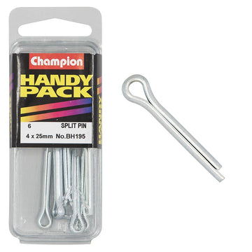 Champion Pack of 6 4.0 x 25mm Zinc Plated Steel Split Pins - BH195