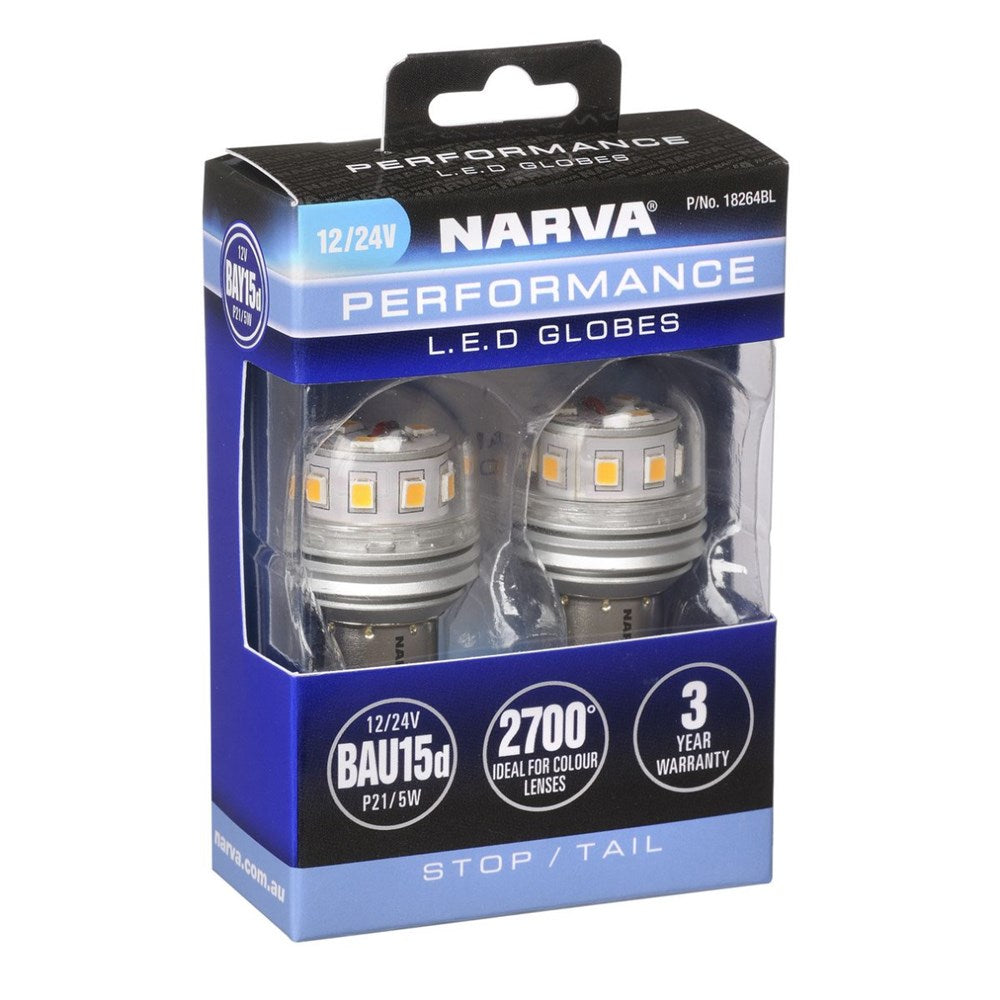 Narva 18264BL 12/24V P21/5W BAY15D LED Stop/Tail Globes - Twin Pack