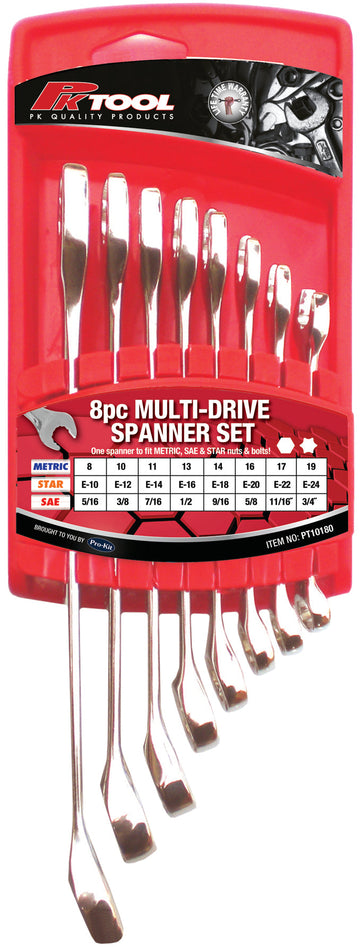 PKTool 8pc Metric, SAE and Star Multi Drive Combination Spanner Set - PT10180 (Pickup Only)
