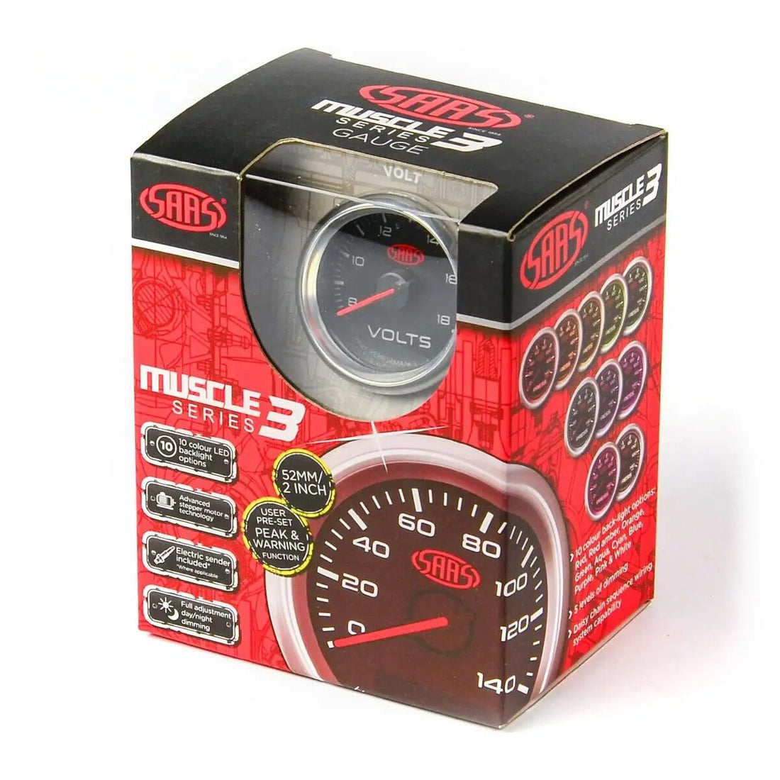 SAAS Volt Gauge 8v-18v 52mm Muscle Series 3 Black 12V - SG32250