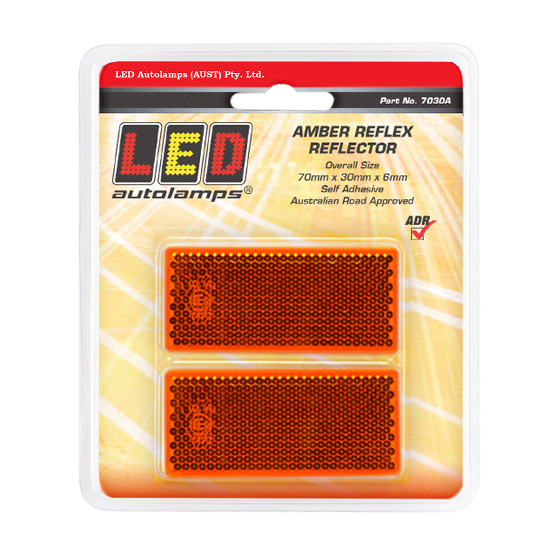 LED Autolamps 7030A Pair of Amber Reflex Reflectors - Rectangle Shape with 3M Double Sided Tape Mount
