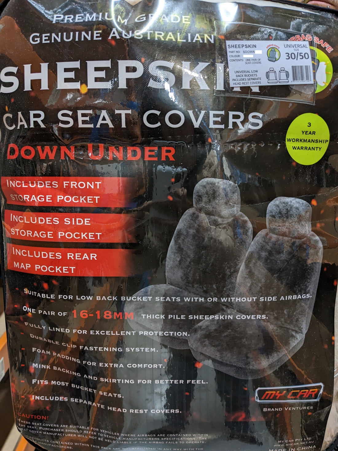 MyCar Downunder 16mm Thick Sheepskin Front Seat Covers Universal Size 30 - Black - SDOWA3004
