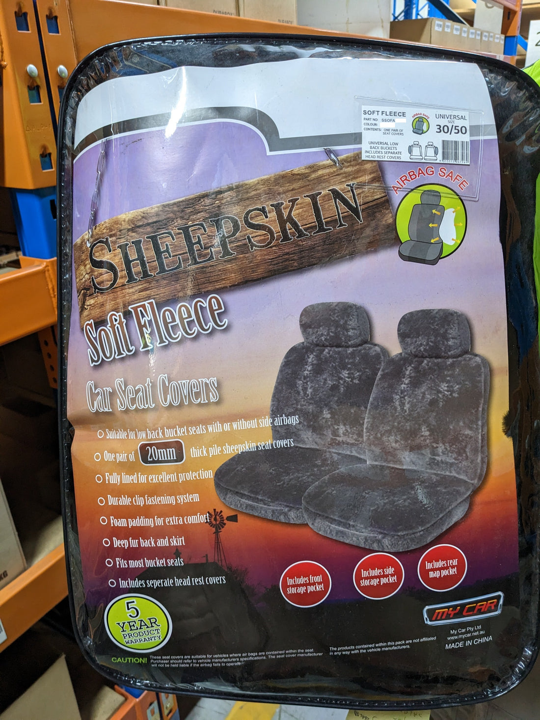 MyCar 20mm Thick Sheepskin Front Seat Covers Size 30 - Black Soft Fleece - SSOFA3004 (Bulky Item - Freight Applies)