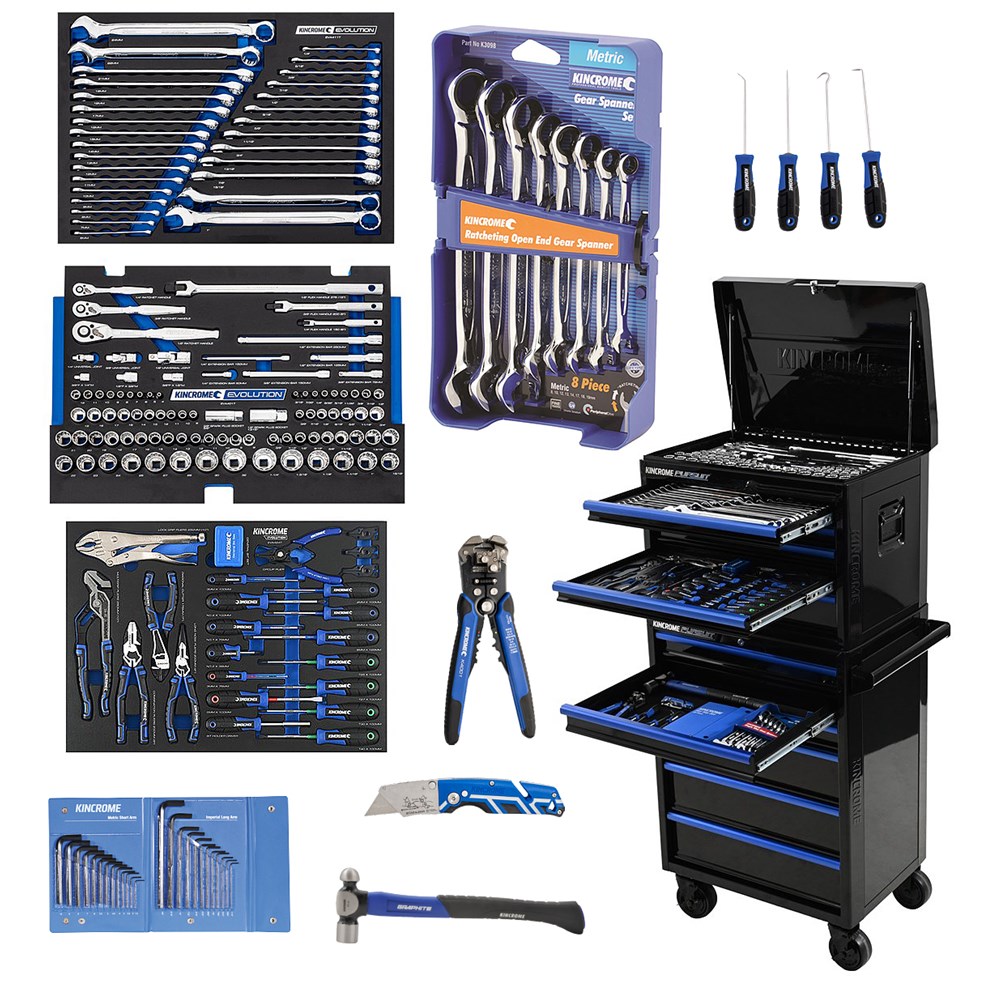 Kincrome Evolution Pursuit 209 Piece 11 Drawer Roller Cabinet and Tool  Chest with Bonus Gear Spanner Set (Pickup Only) - P1931B - Auto One
