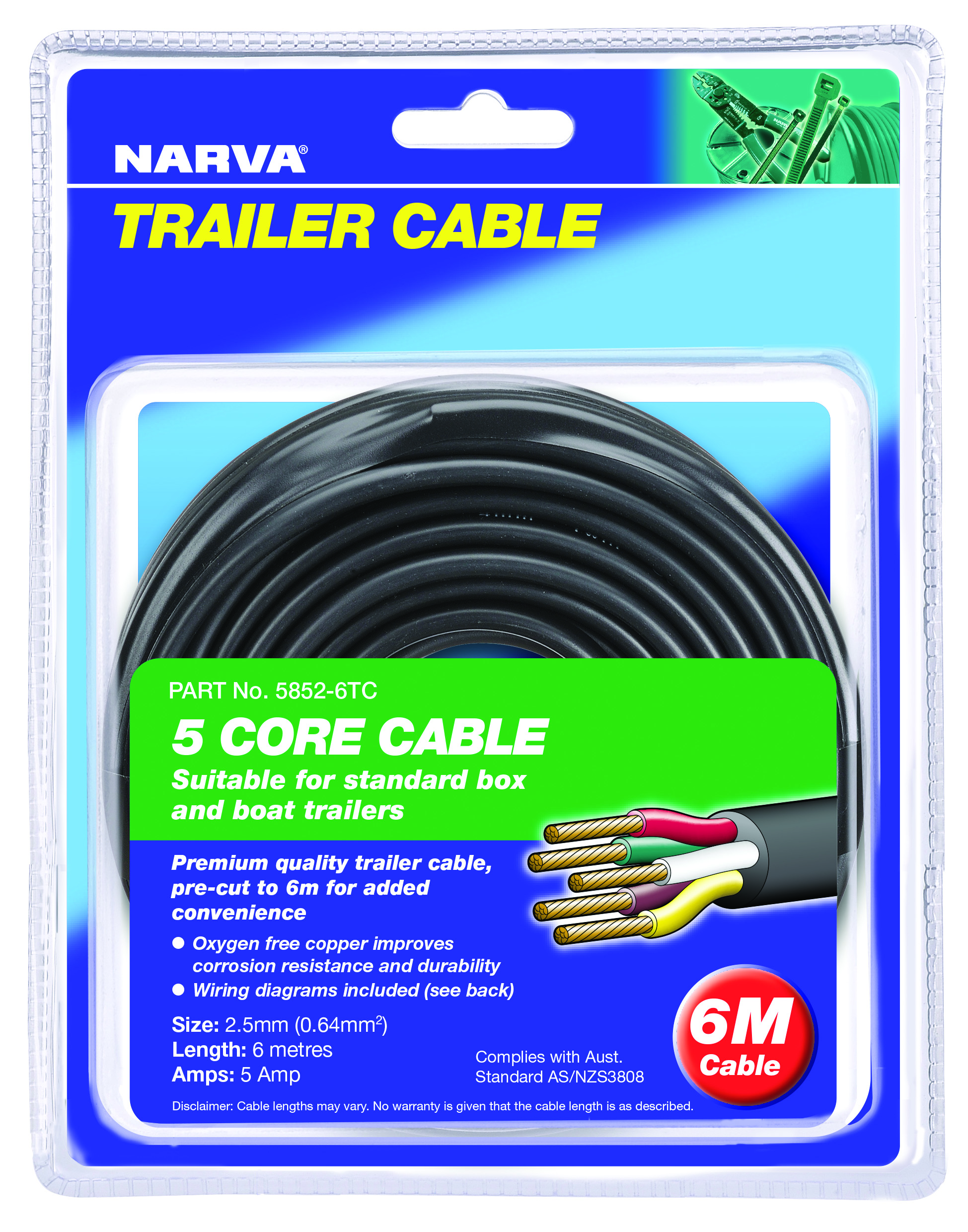 Narva 5A 2.5MM 5 CORE TRAILER CABLE (6M) Red; Green; Yellow; White