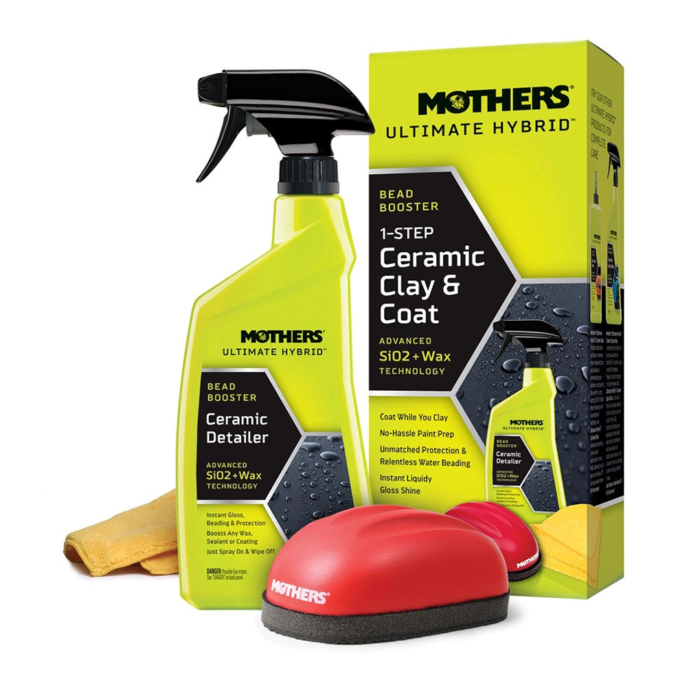 Mothers Ultimate Hybrid ceramic clay and coat product set with spray bottle, box, and detailing tools on a white background.