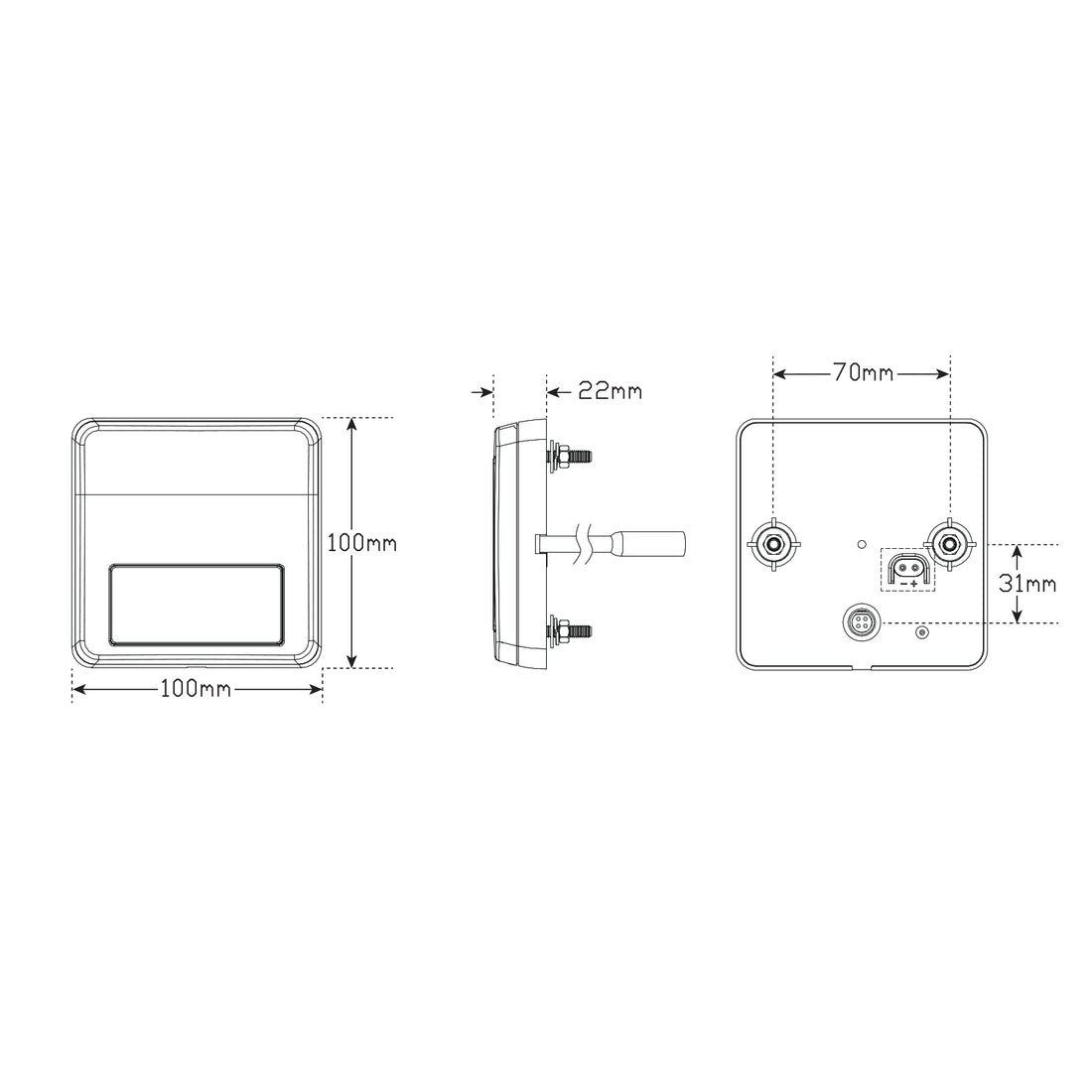 LED Autolamps 100BAR2 Premium Trailer Lamps, STOP/TAIL/INDICATOR  WITH REFLEX REFLECTOR 100mm x 100mm x 22mm