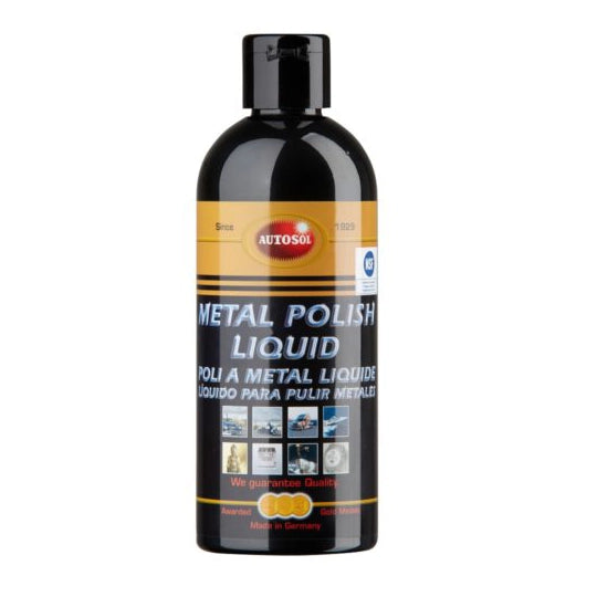 Black bottle of metal polish liquid with a visible brand label on a white background