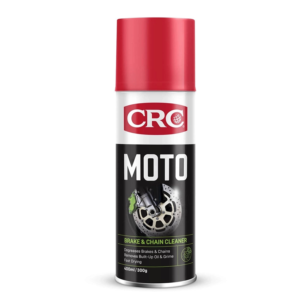 A can of CRC Moto Brake & Chain Cleaner with a red cap, white and black label, and a brake disc graphic, shown on a white background.