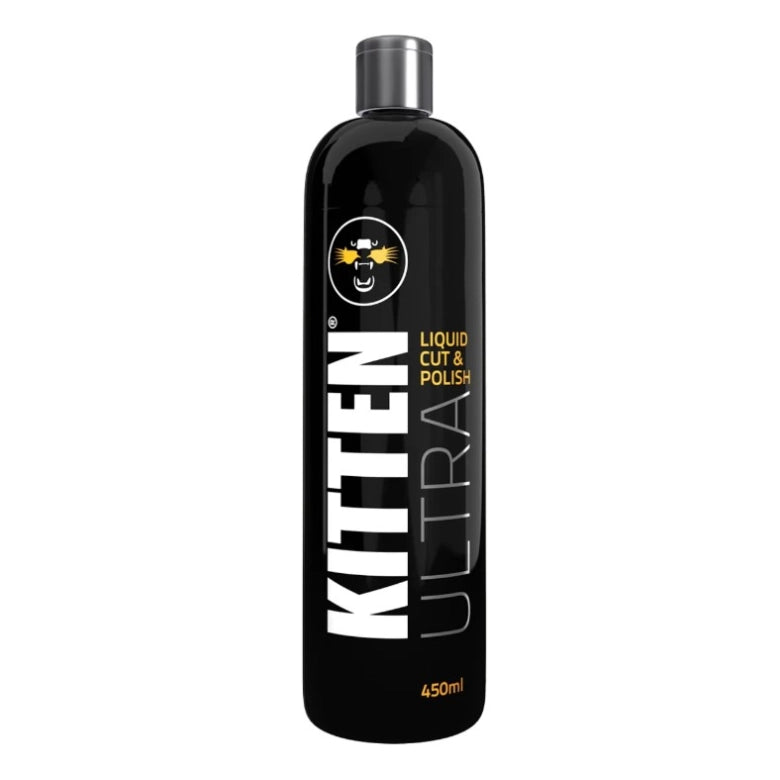 Black bottle of Kitten Ultra Liquid Cut & Polish on a white background