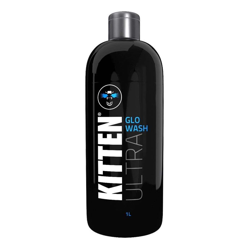 Black bottle of Kitten Ultra Glo Wash on a white background