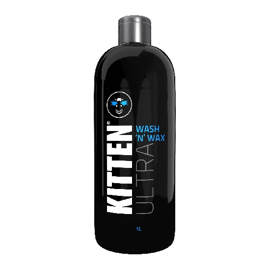 Black bottle of Kitten Ultra Wash 'N' Wax on a white background