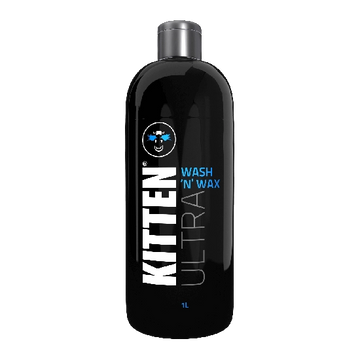 Black bottle of Kitten Ultra Wash 'N' Wax on a white background