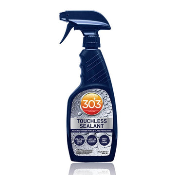 Dark blue 303 Touchless Sealant spray bottle on a white background