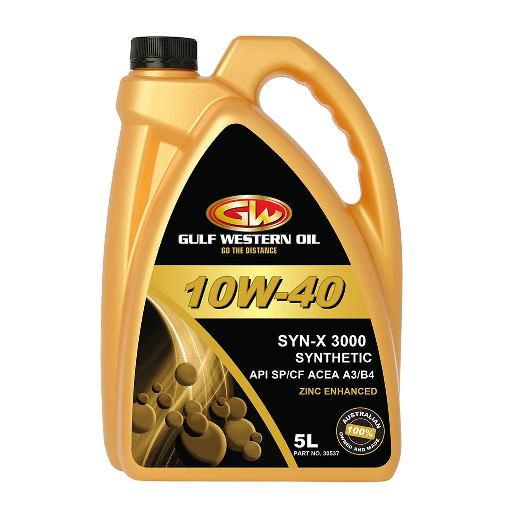 A 5-liter gold plastic bottle of Gulf Western Oil 10W-40 synthetic motor oil with a black cap and a black and gold label, shown on a plain white background.