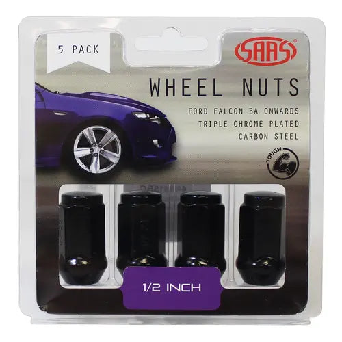 SAAS Wheel Nuts Flat Head Bulge 1/2" Black 40mm 5Pk - 440915BC