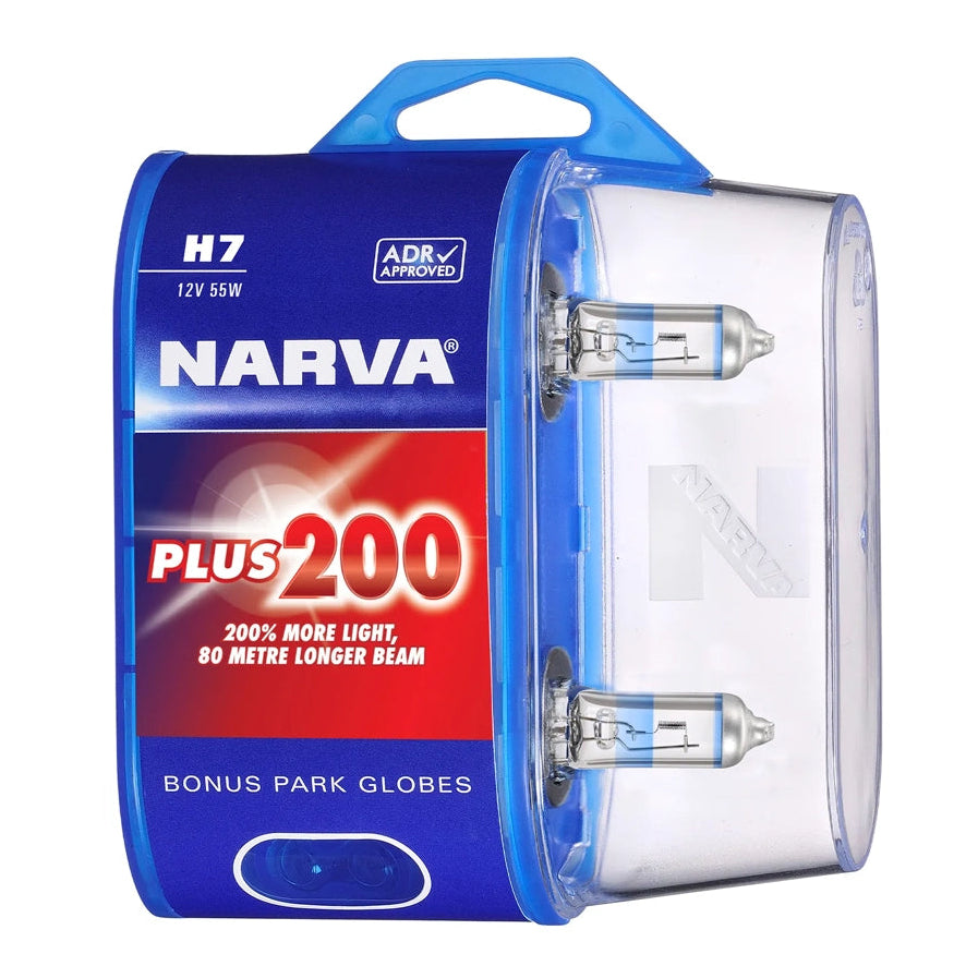 NARVA Plus 200 H7 car headlight bulbs in their original blue and red retail packaging, featuring a clear plastic side window showing the two bulbs inside.