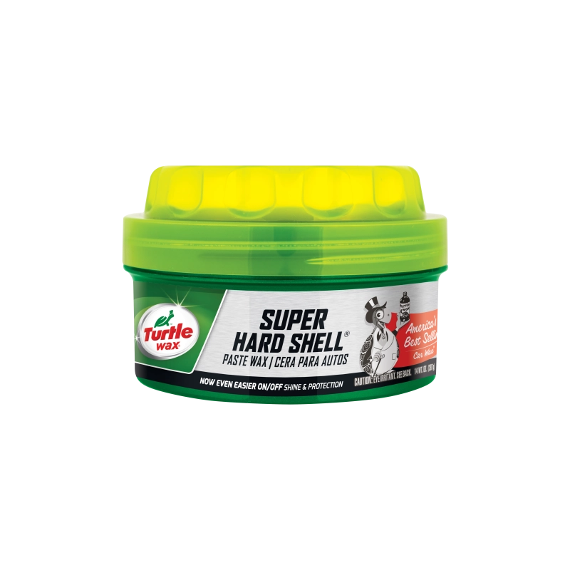 Turtle Wax Super Hard Shell paste wax jar with yellow lid on a white background
