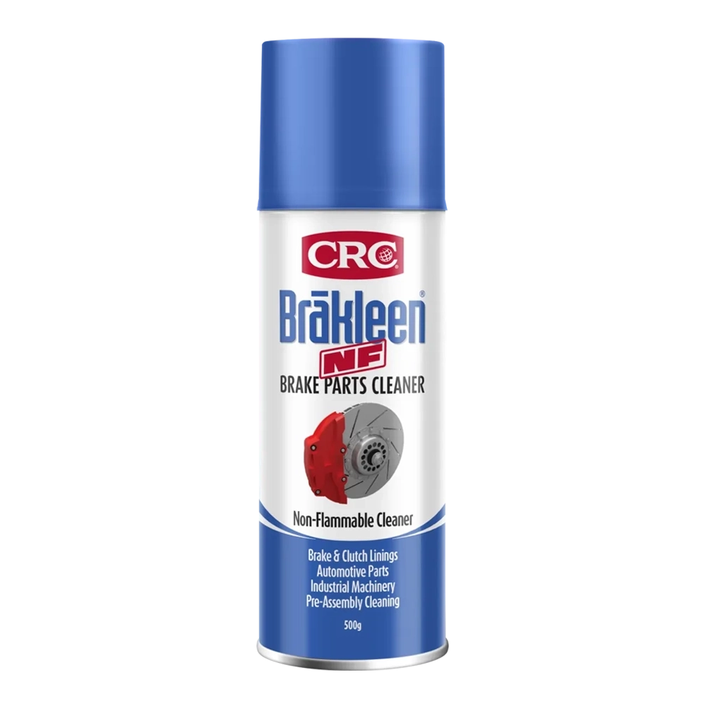 A 500g aerosol can of CRC Brakleen NF Brake Parts Cleaner, featuring a blue cap and a white and blue label with the CRC logo showing a silver and red brake component.
