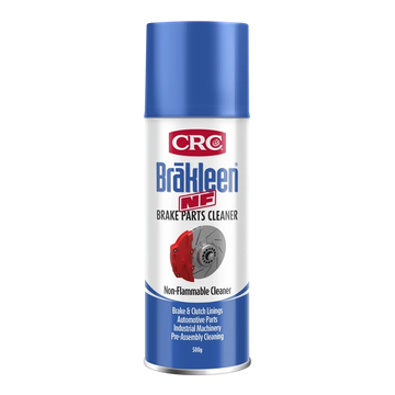 A 500g aerosol can of CRC Brakleen NF Brake Parts Cleaner, featuring a blue cap and a white and blue label with the CRC logo showing a silver and red brake component.