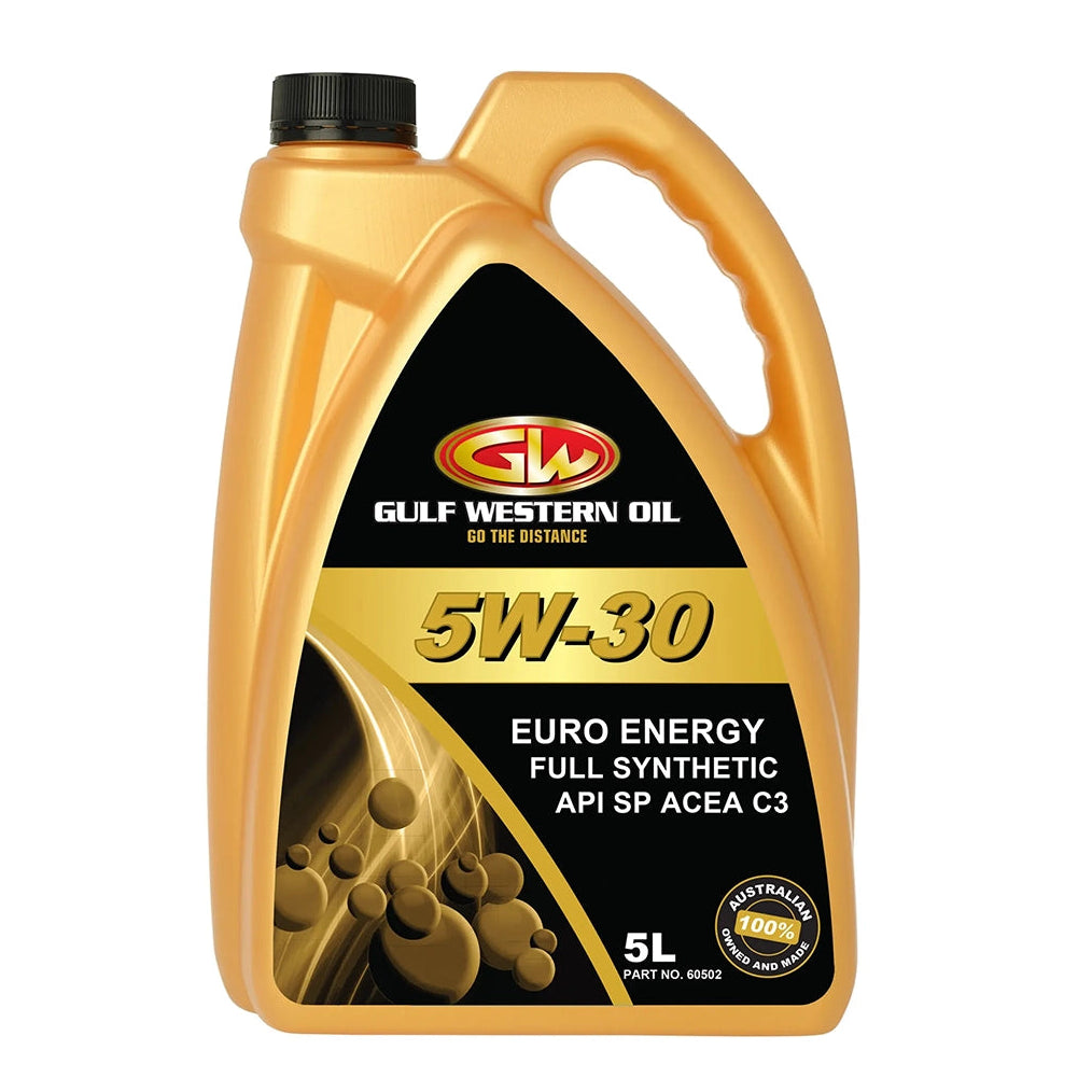 A 5-liter plastic bottle of Gulf Western Oil 5W-30 Euro Energy full synthetic API SP ACE C3 motor oil, featuring a metallic gold container with a black and gold label, set against a plain white background.