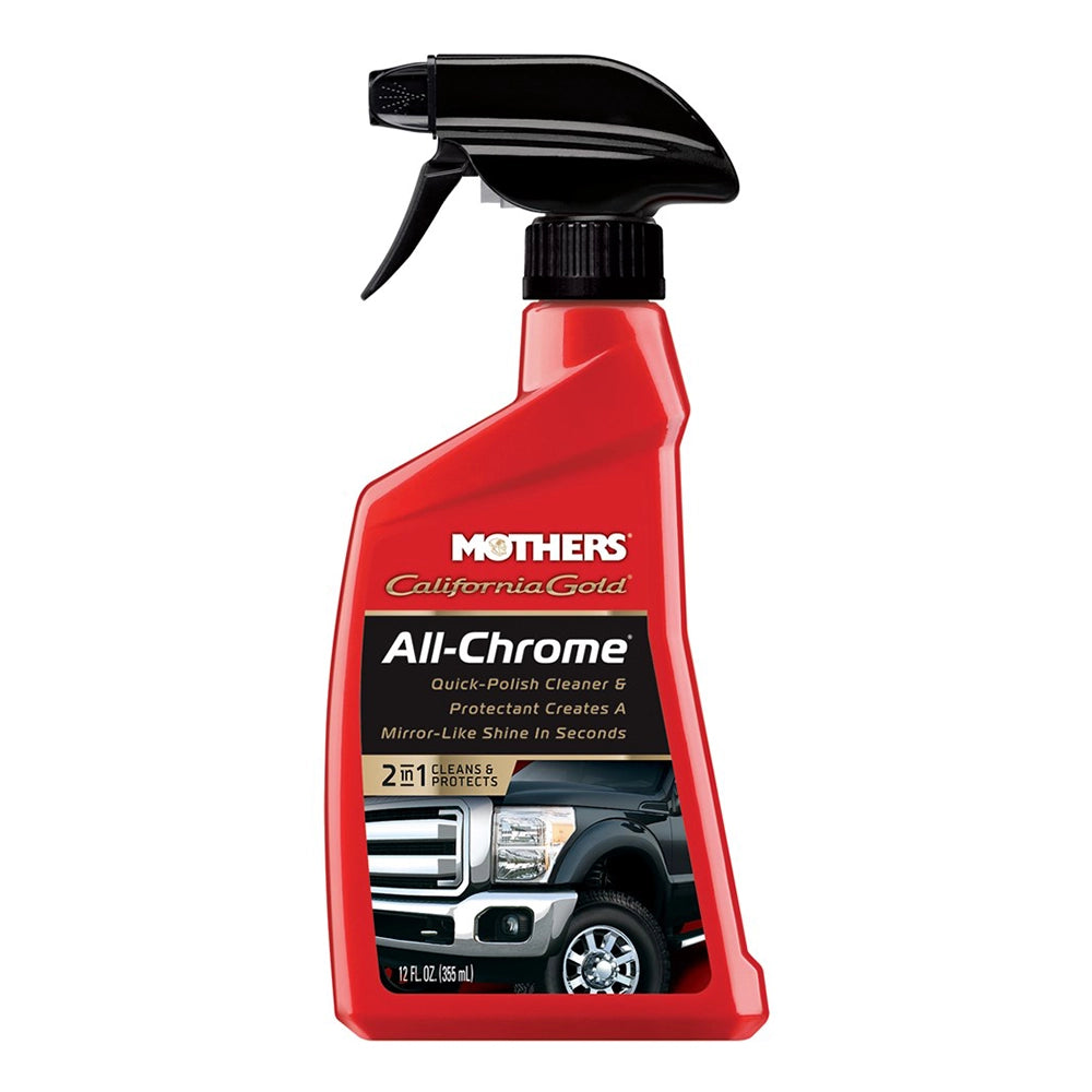 Red spray bottle with black nozzle labeled 'Mothers California Gold All-Chrome' on a white background