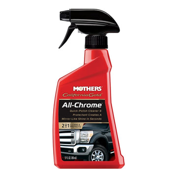 Red spray bottle with black nozzle labeled 'Mothers California Gold All-Chrome' on a white background