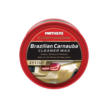 A red circular jar of Mothers California Gold Brazilian Carnauba Cleaner Wax, which is designed to clean, shine, and protect car paint.