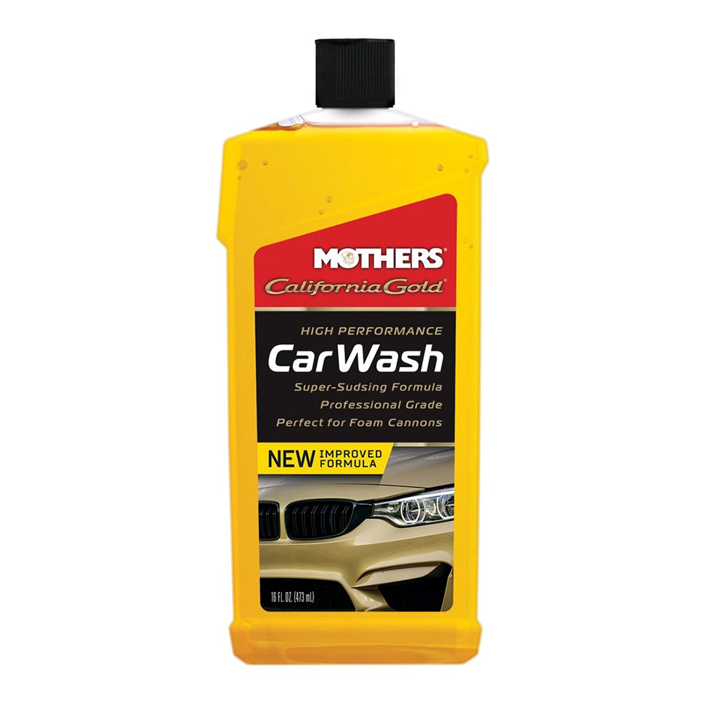 Yellow bottle of Mothers California Gold High Performance Car Wash on a white background