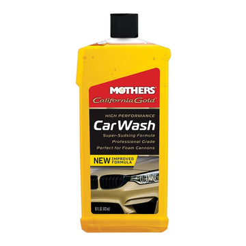 Yellow bottle of Mothers California Gold High Performance Car Wash on a white background