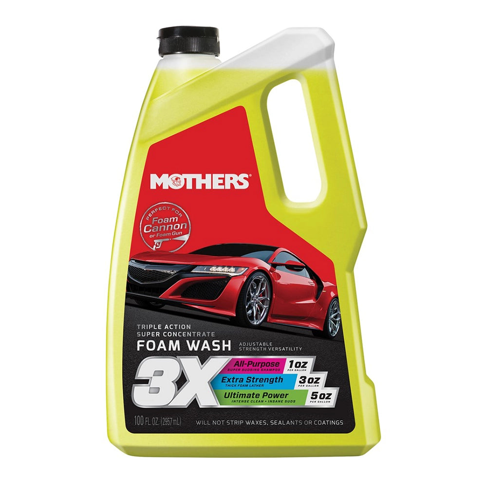A bottle of Mothers Foam Wash with yellow liquid and a red label, with a red sports car on the label
