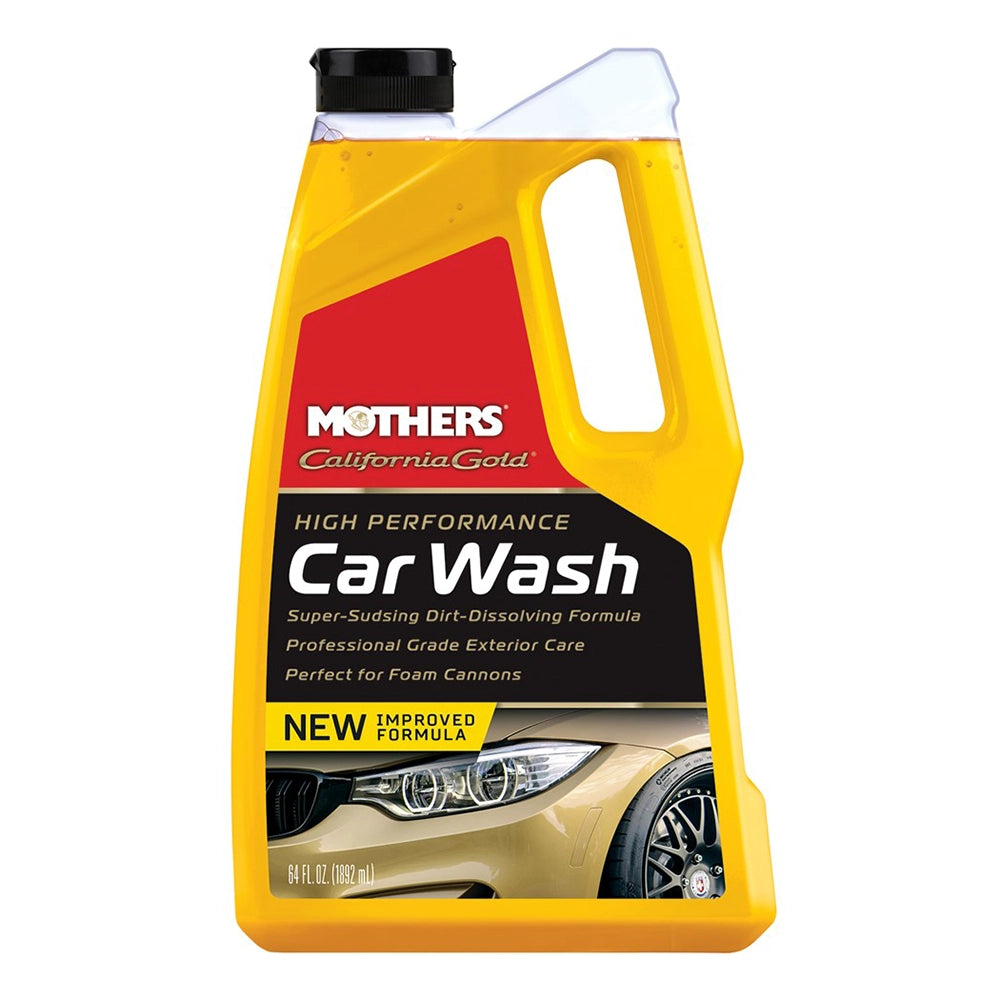 Yellow bottle of Mothers California Gold High Performance Car Wash on a white background