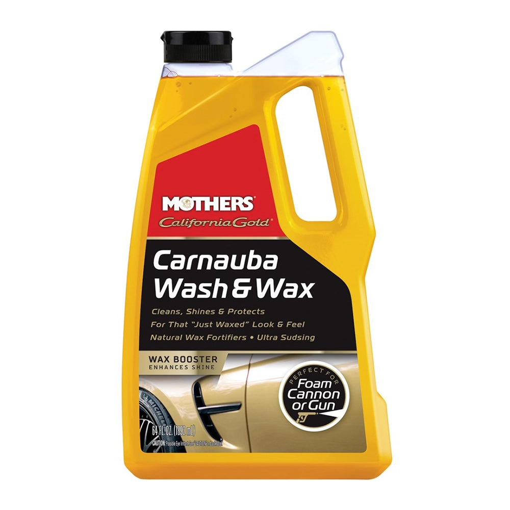 Yellow bottle of Mothers Carnauba Wash & Wax on a white background
