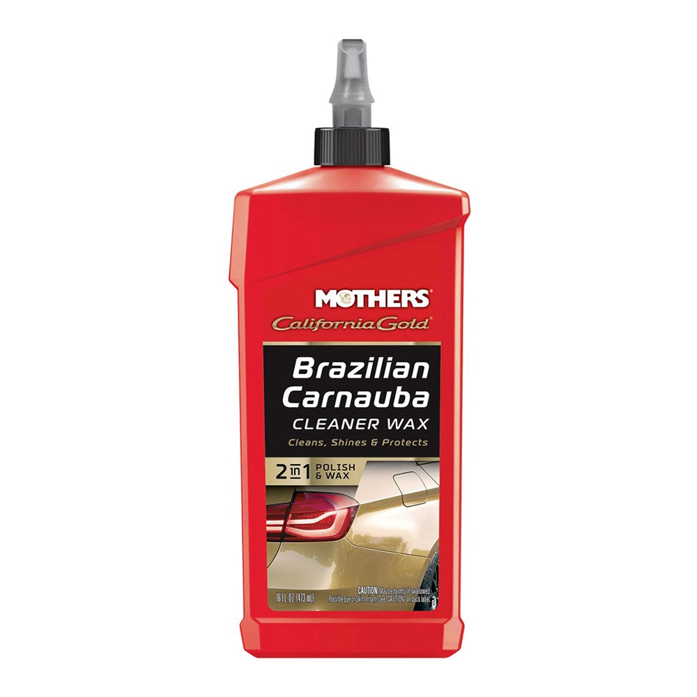 Red bottle of Mothers Brazilian Carnauba Cleaner Wax on a white background