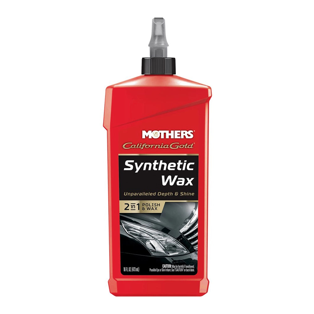 Red bottle of Mothers Synthetic Wax on a white background