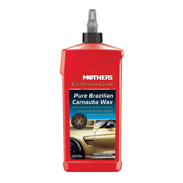 A red bottle of Mothers California Gold Pure Brazilian Carnauba Wax with a spray nozzle on top. The label has an image of a yellow car and highlights the product's features, such as being climate and leading protection.